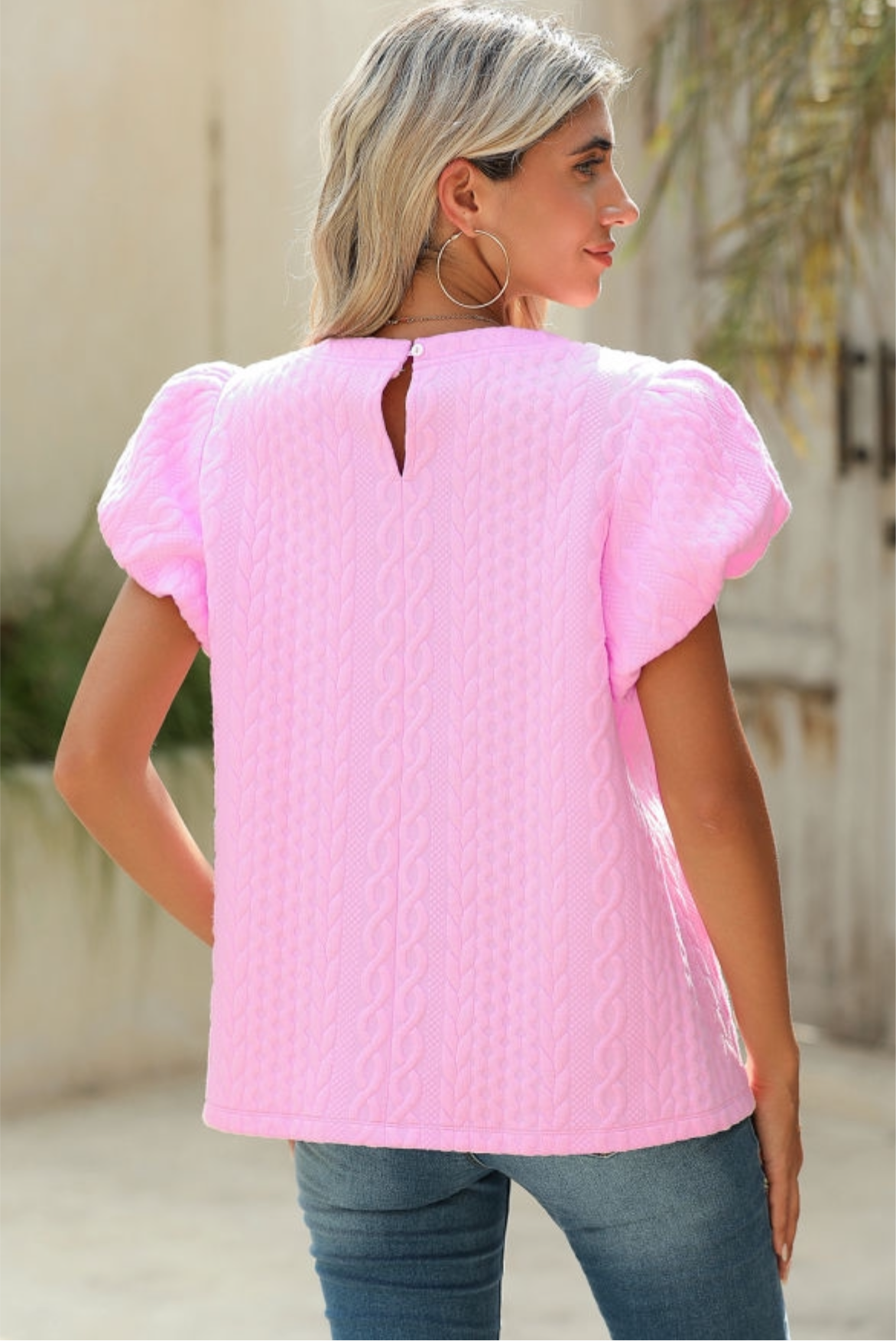 Pink Textured Puff Sleeve Top