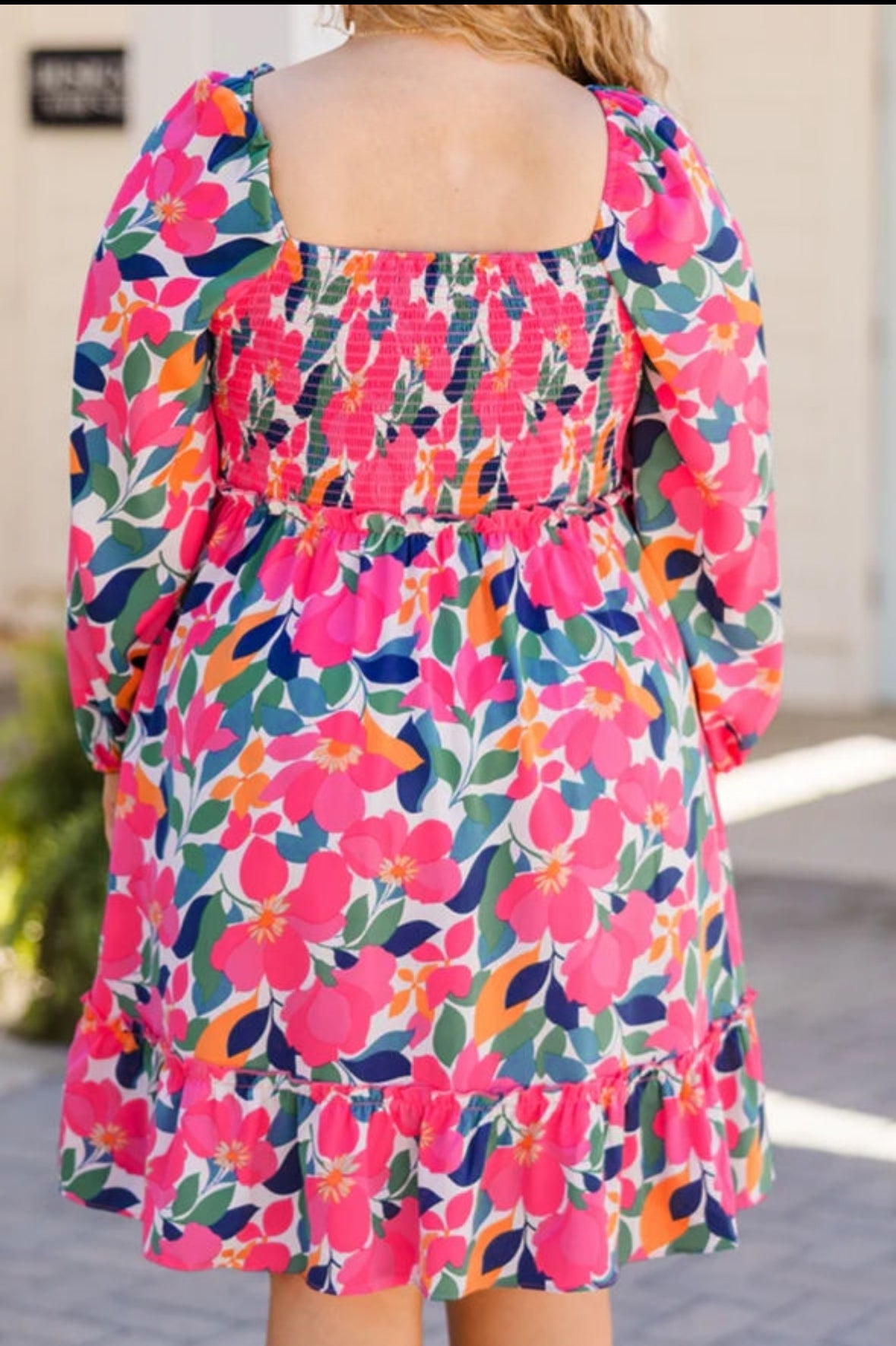 Smocked Floral Square Neck Dress-Plus