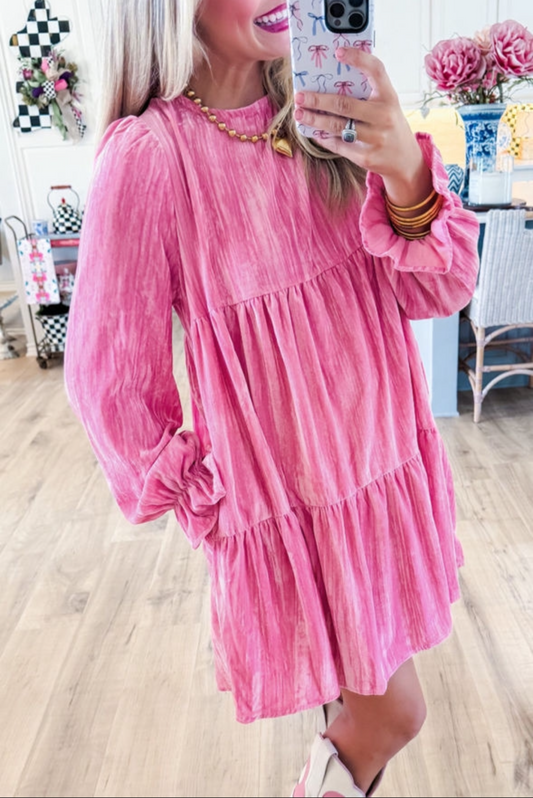 Pink Velvet Tiered Dress