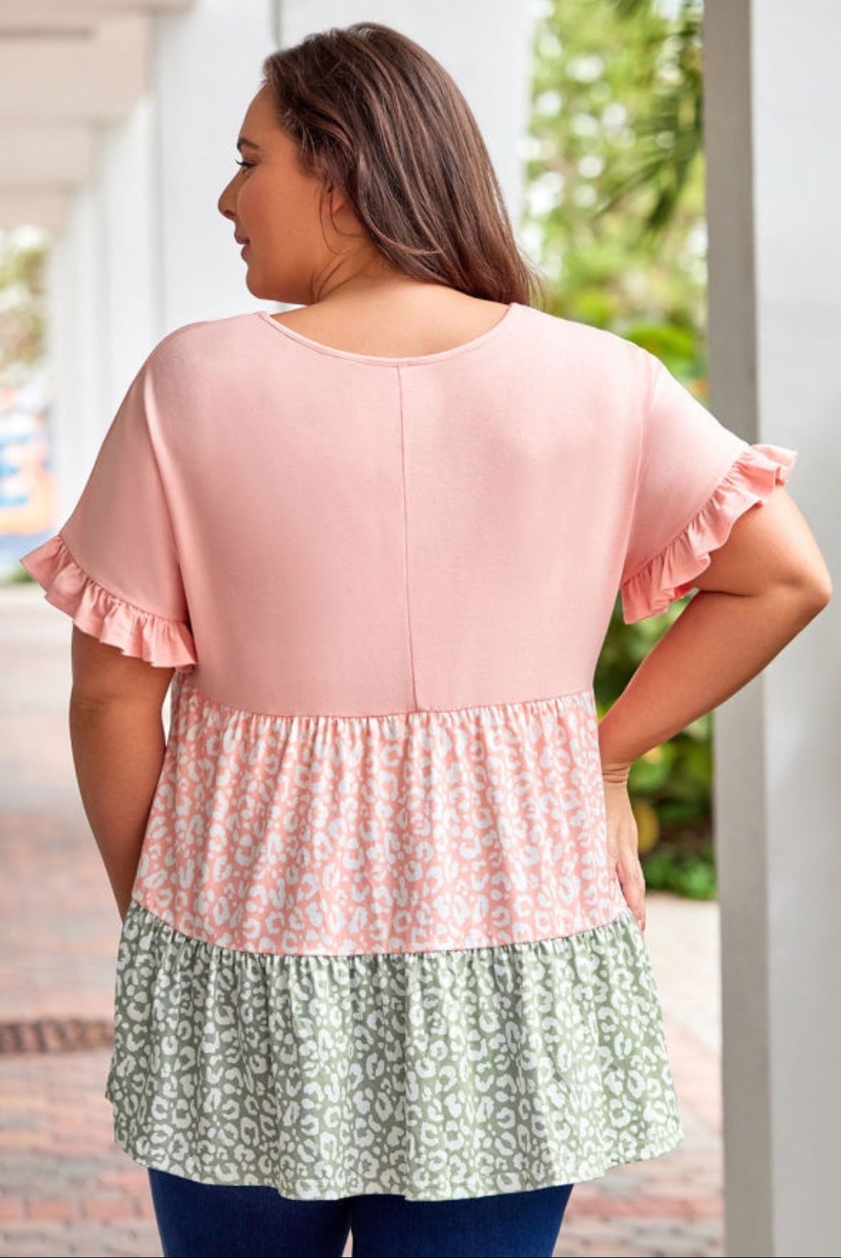 Pink Ruffled Leopard Splice Top- Plus Size