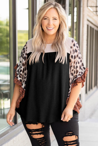 Leopard Sleeve Waffle Block Top- Plus Size