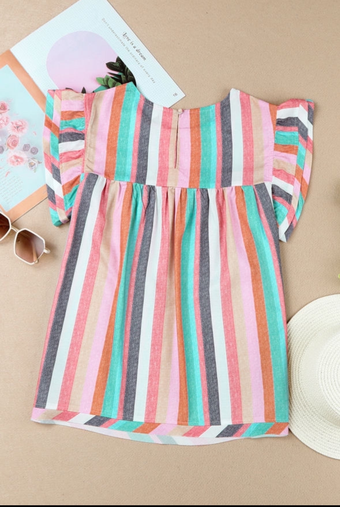 Multicolor Striped Keyhole Button Top