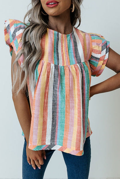 Multicolor Striped Keyhole Button Top