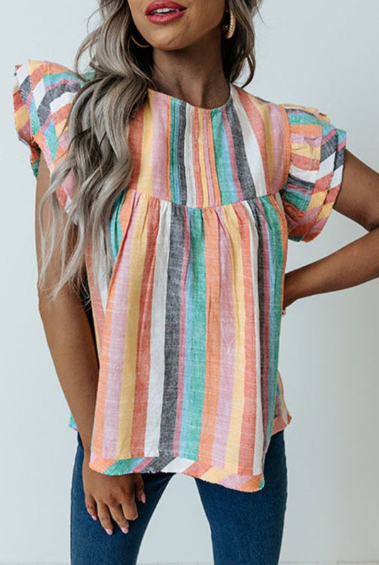 Multicolor Striped Keyhole Button Top