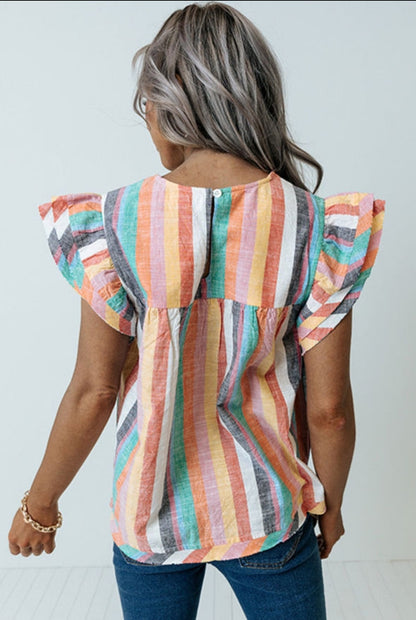 Multicolor Striped Keyhole Button Top