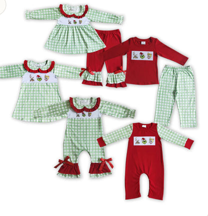 Embroidered Grinch Plaid Siblings Sets