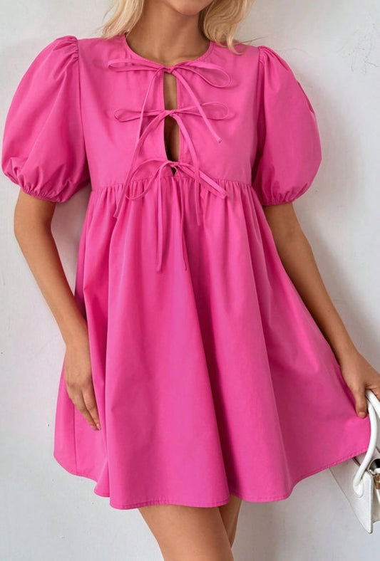 Bow Knot Puff Sleeve Mini Dress