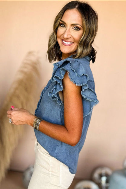 Frayed Flutter Sleeve Denim Top