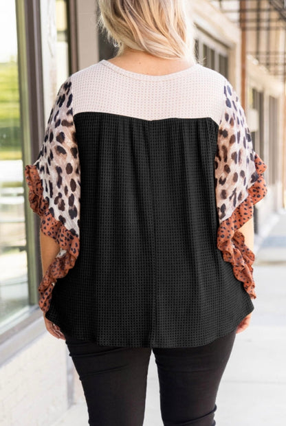 Leopard Sleeve Waffle Block Top- Plus Size