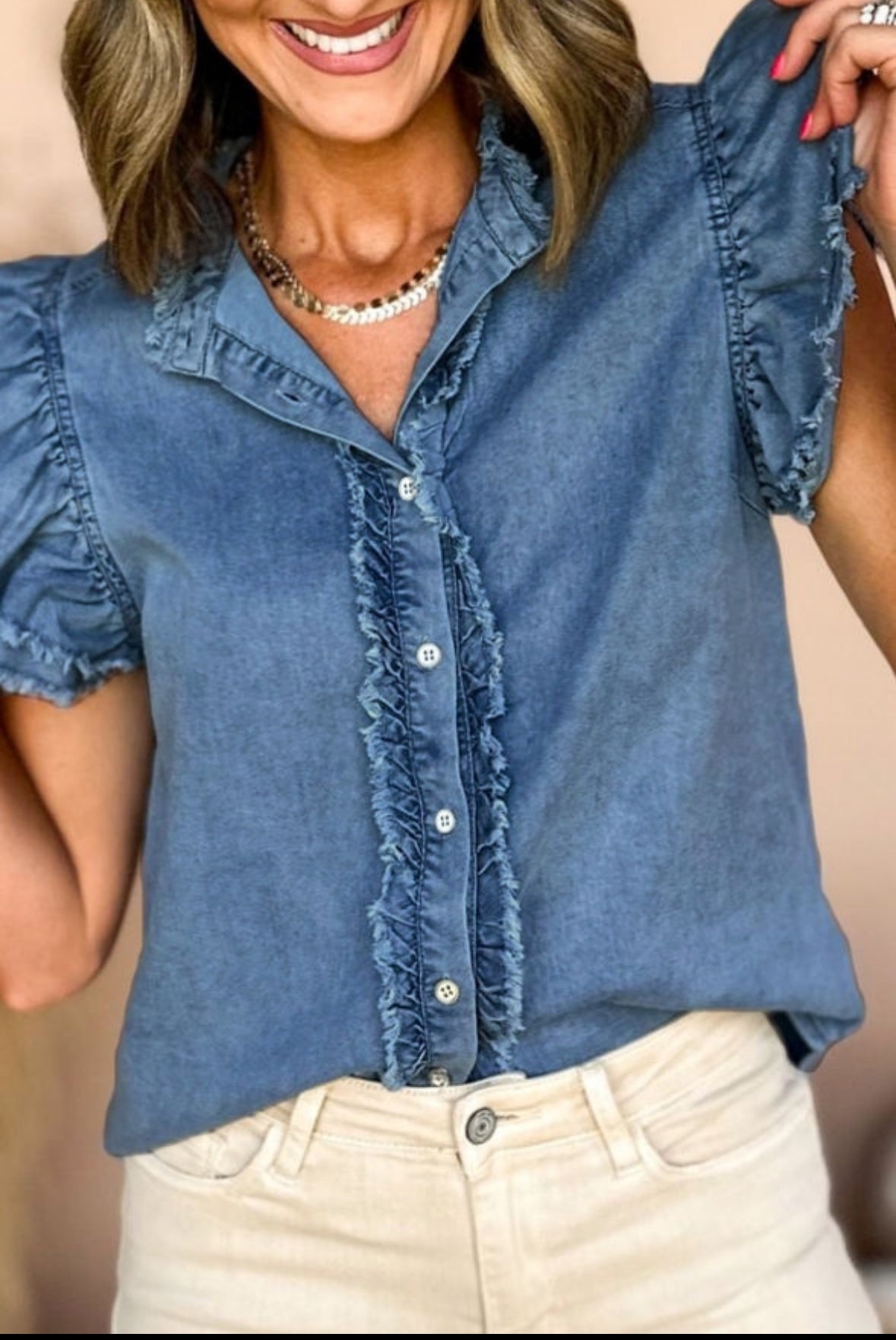 Frayed Flutter Sleeve Denim Top