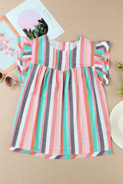 Multicolor Striped Keyhole Button Top