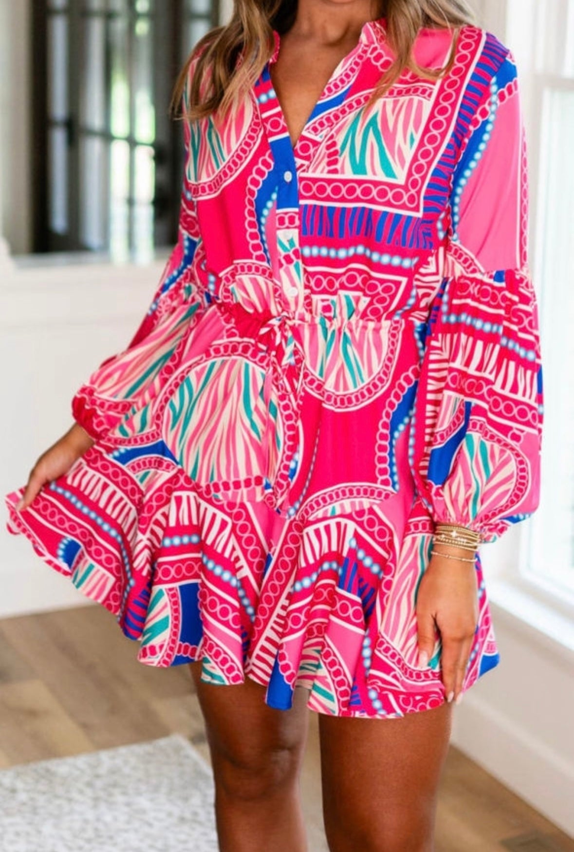 Boho Print Lantern Sleeve Dress