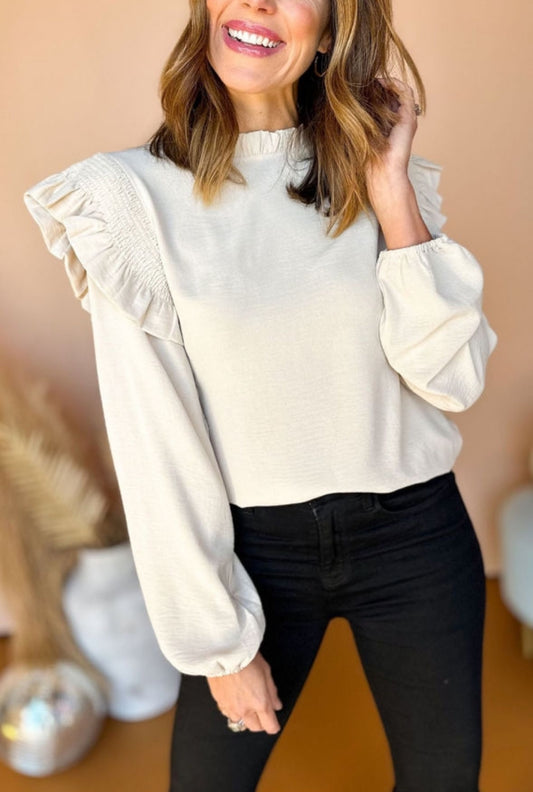 Ruffle Trim Bubble Sleeve Blouse