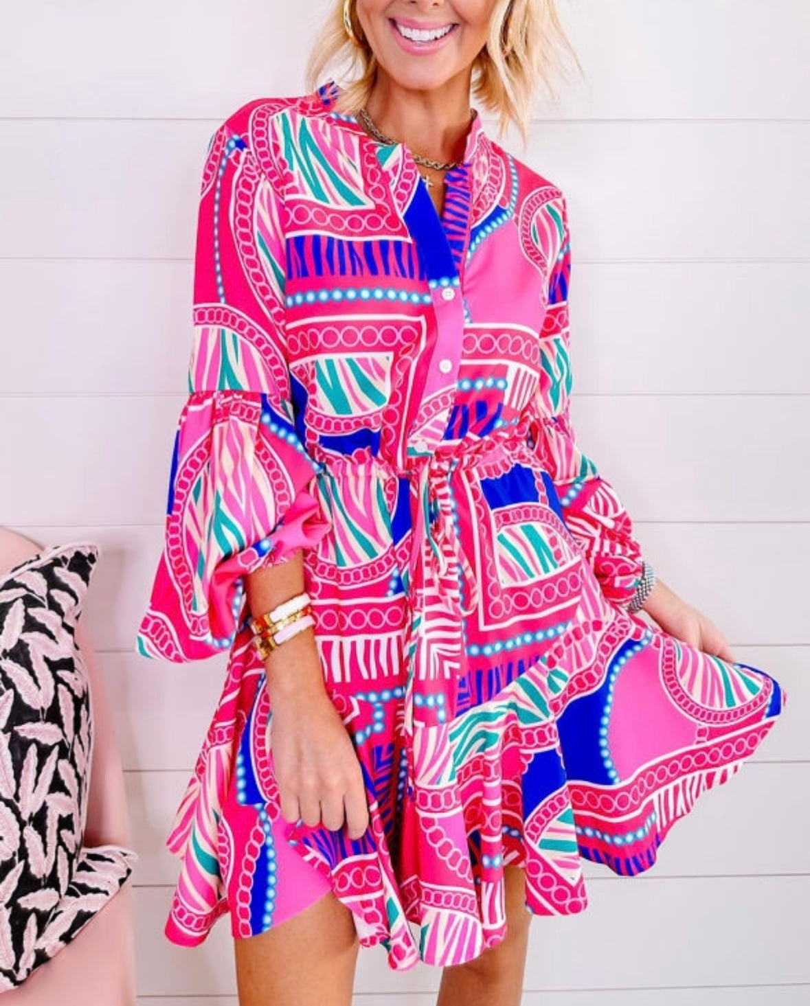 Boho Print Lantern Sleeve Dress