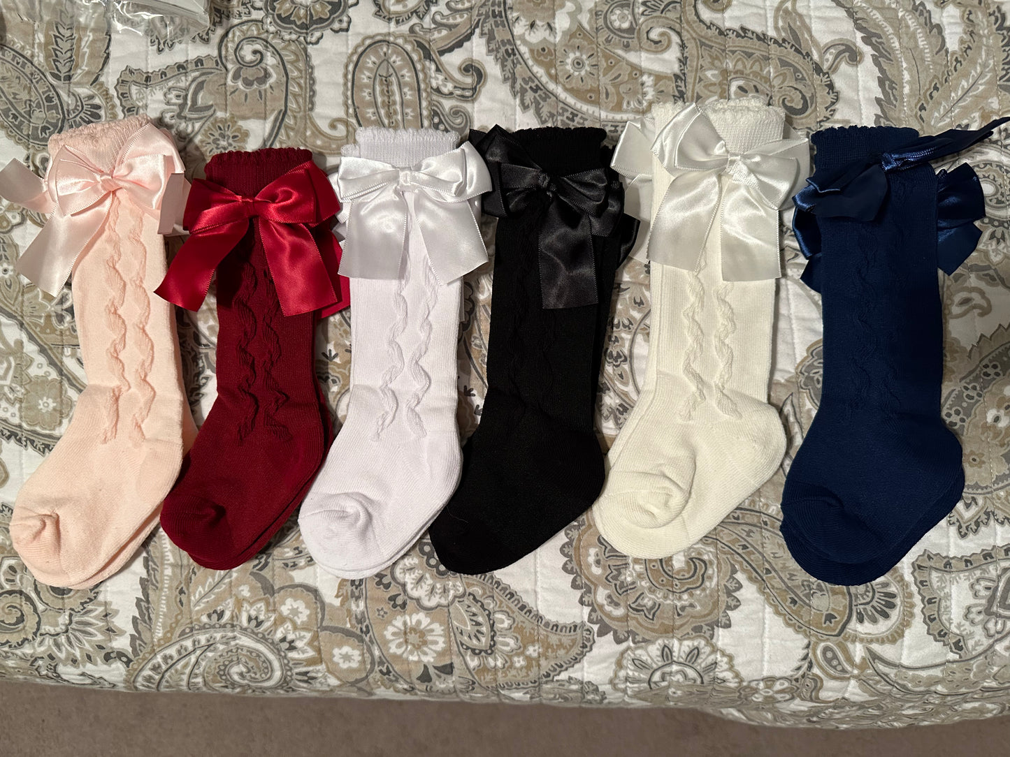 Textured Knee High Socks with Satin Bows