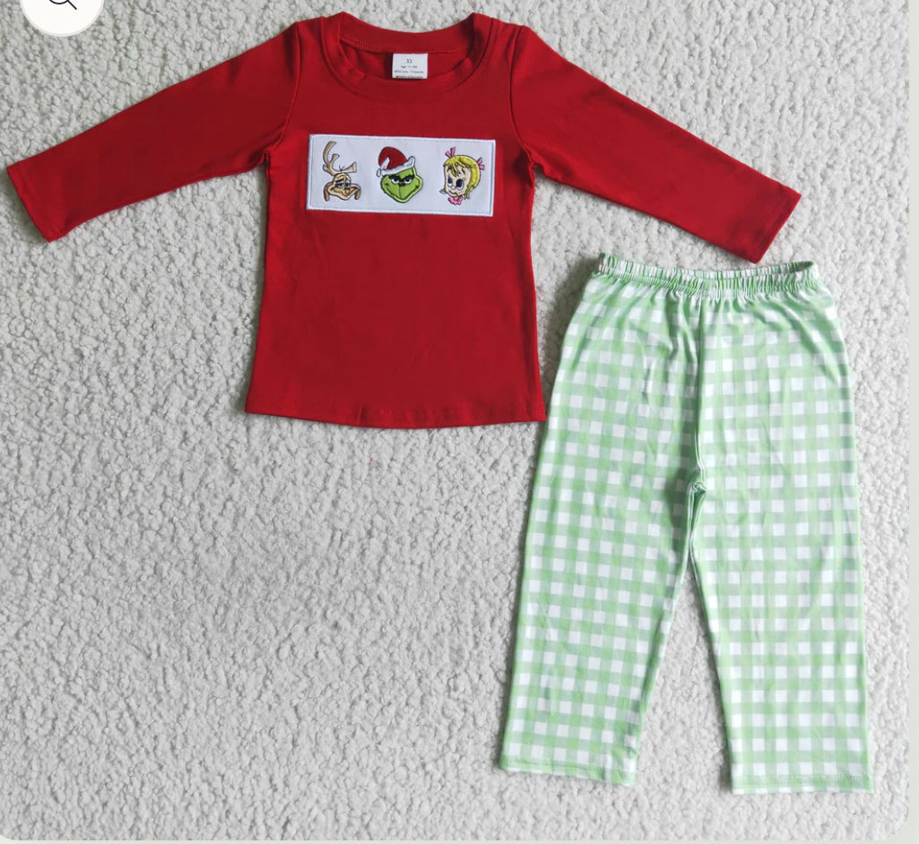 Embroidered Grinch Plaid Siblings Sets