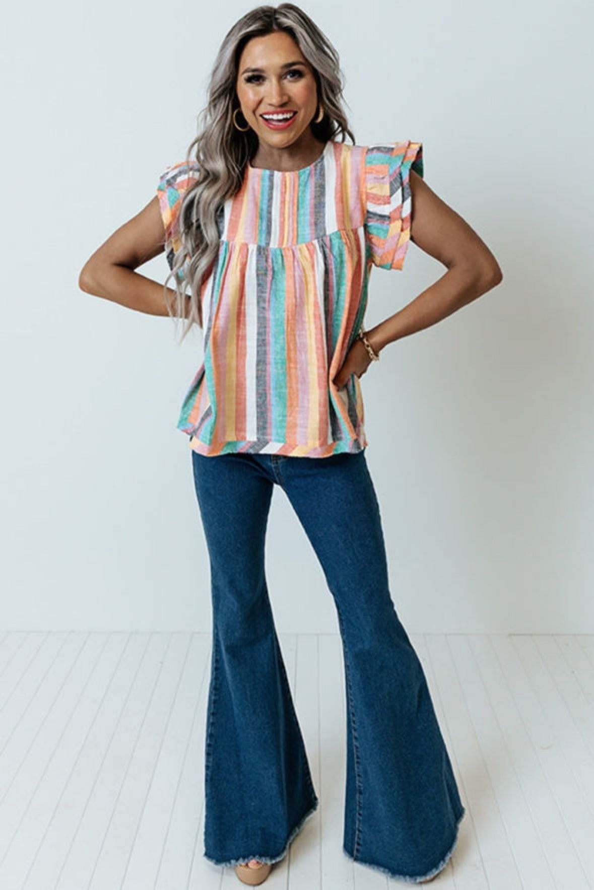 Multicolor Striped Keyhole Button Top