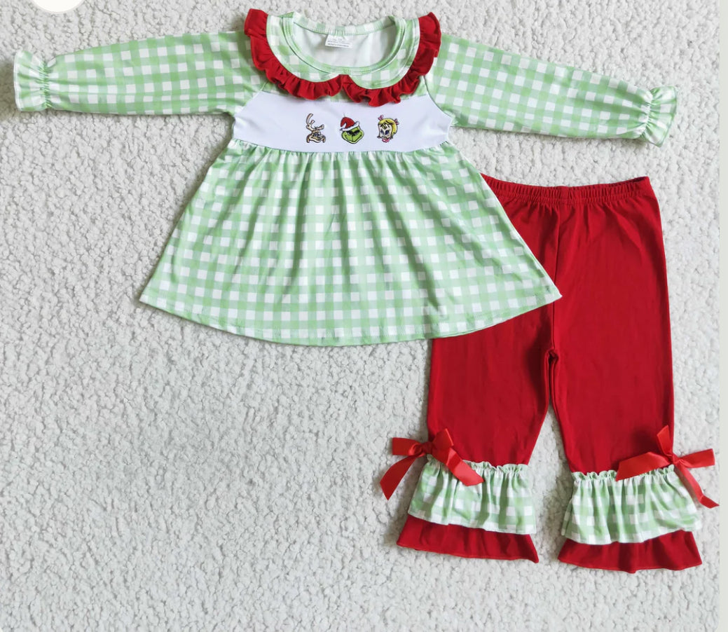 Embroidered Grinch Plaid Siblings Sets