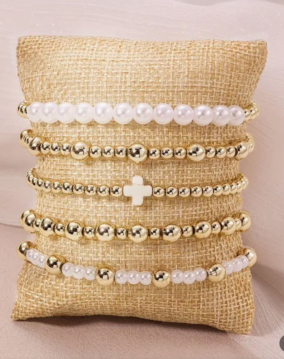Cross Pearl Bead Bracelet Set