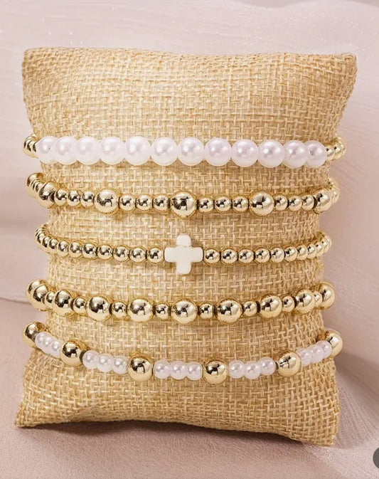 Cross Pearl Bead Bracelet Set