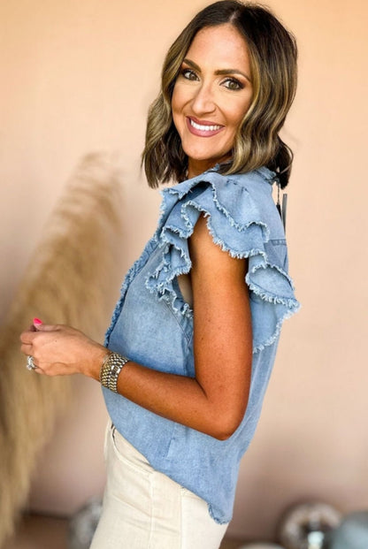 Frayed Flutter Sleeve Denim Top