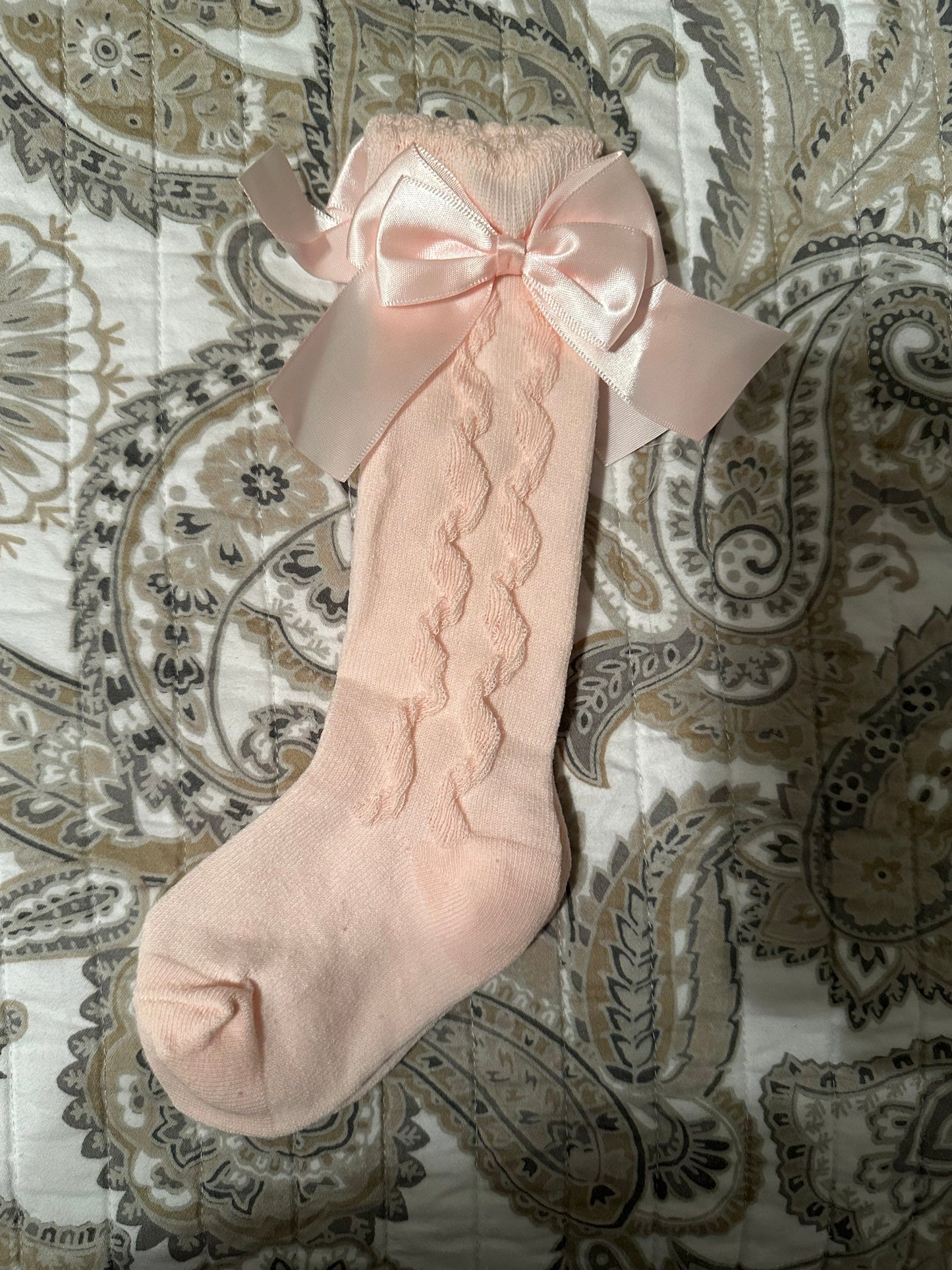 Textured Knee High Socks with Satin Bows