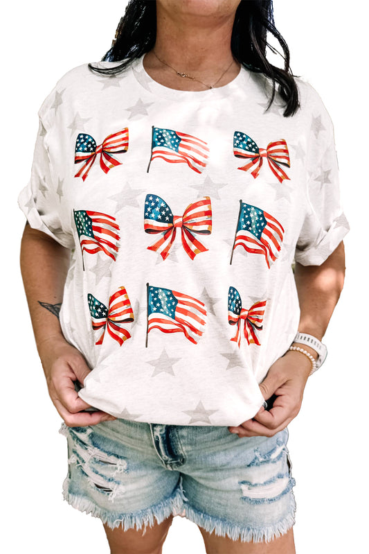 Khaki Patriotic Flag Bow Graphic Starry Round Neck T Shirt