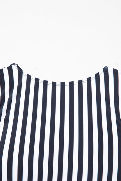 Black Stripe Plus Size Knot Cutout Ruffle Sleeve and High Waist Swimsuit Set