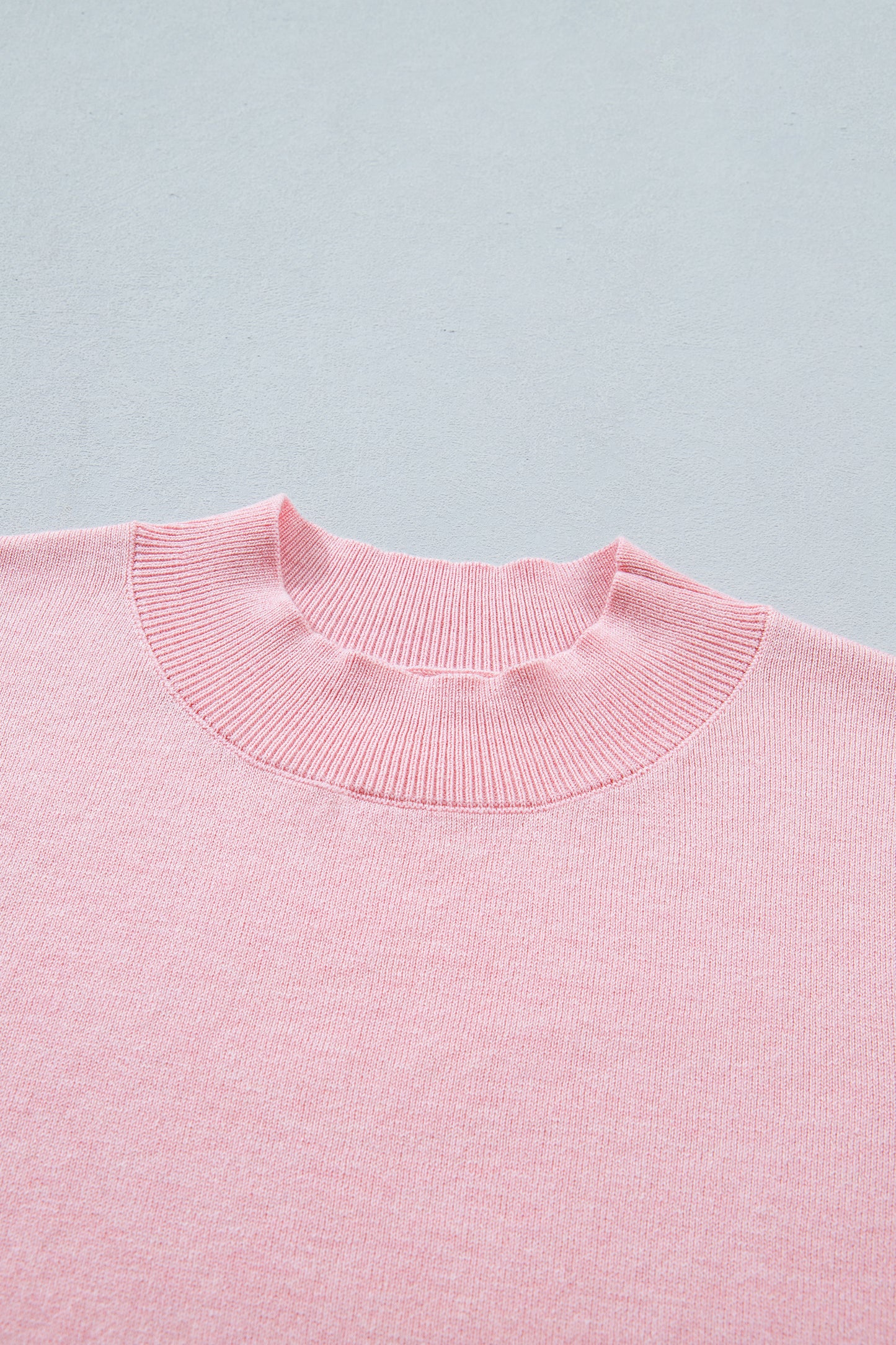 Pink Stand Neck Contrast Wavy Trim Short Sleeve Sweater