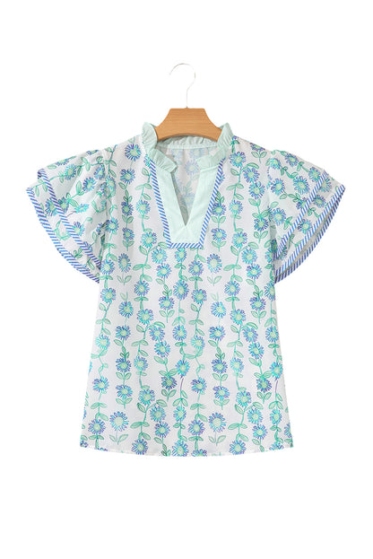 Green Floral Print Striped Trim Contrast V Neck Patchwork Boho Blouse