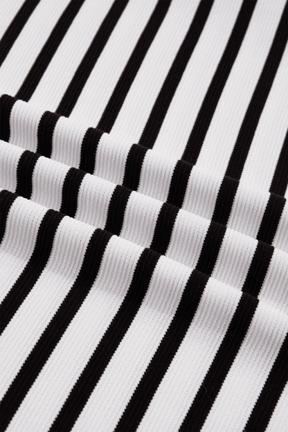 Black Stripe Short Puff Sleeve Color Block Polo Collar Blouse