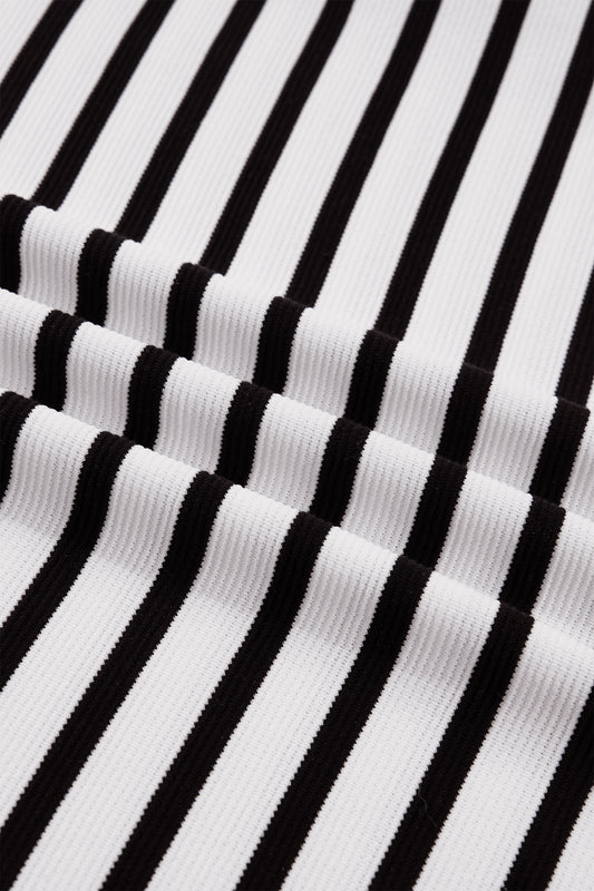Black Stripe Short Puff Sleeve Color Block Polo Collar Blouse