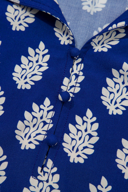 Blue Plus Size Botanical Print Tie V Neck Ruffle Short Sleeve Blouse