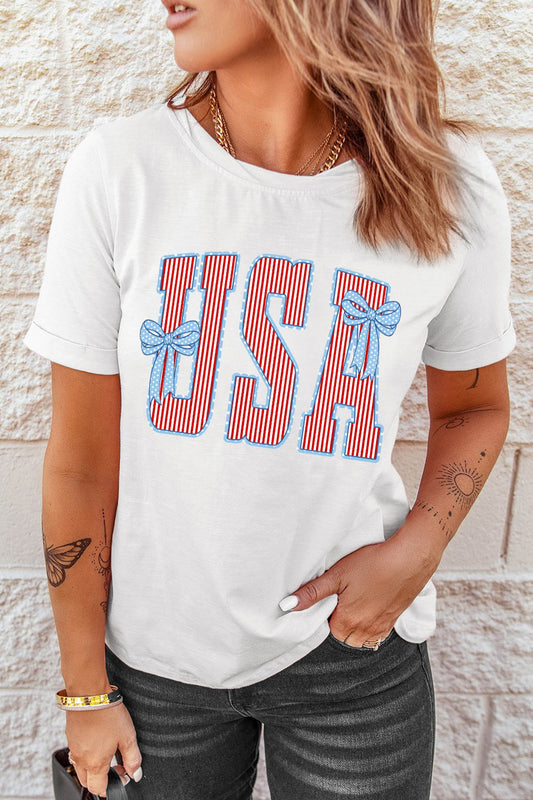 White USA Patriotic Letter Print Summer Casual T Shirt