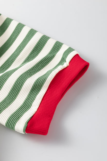 Rose Stripe Short Puff Sleeve Contrast Trim Round Neck Tee