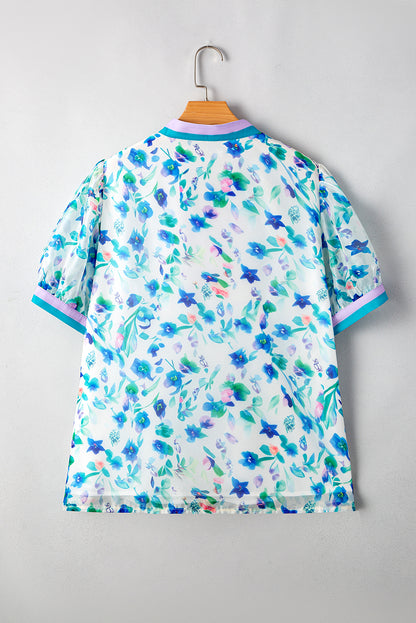 Green Floral Print Pop of Color Split Neck Puff Sleeve Plus Size Blouse