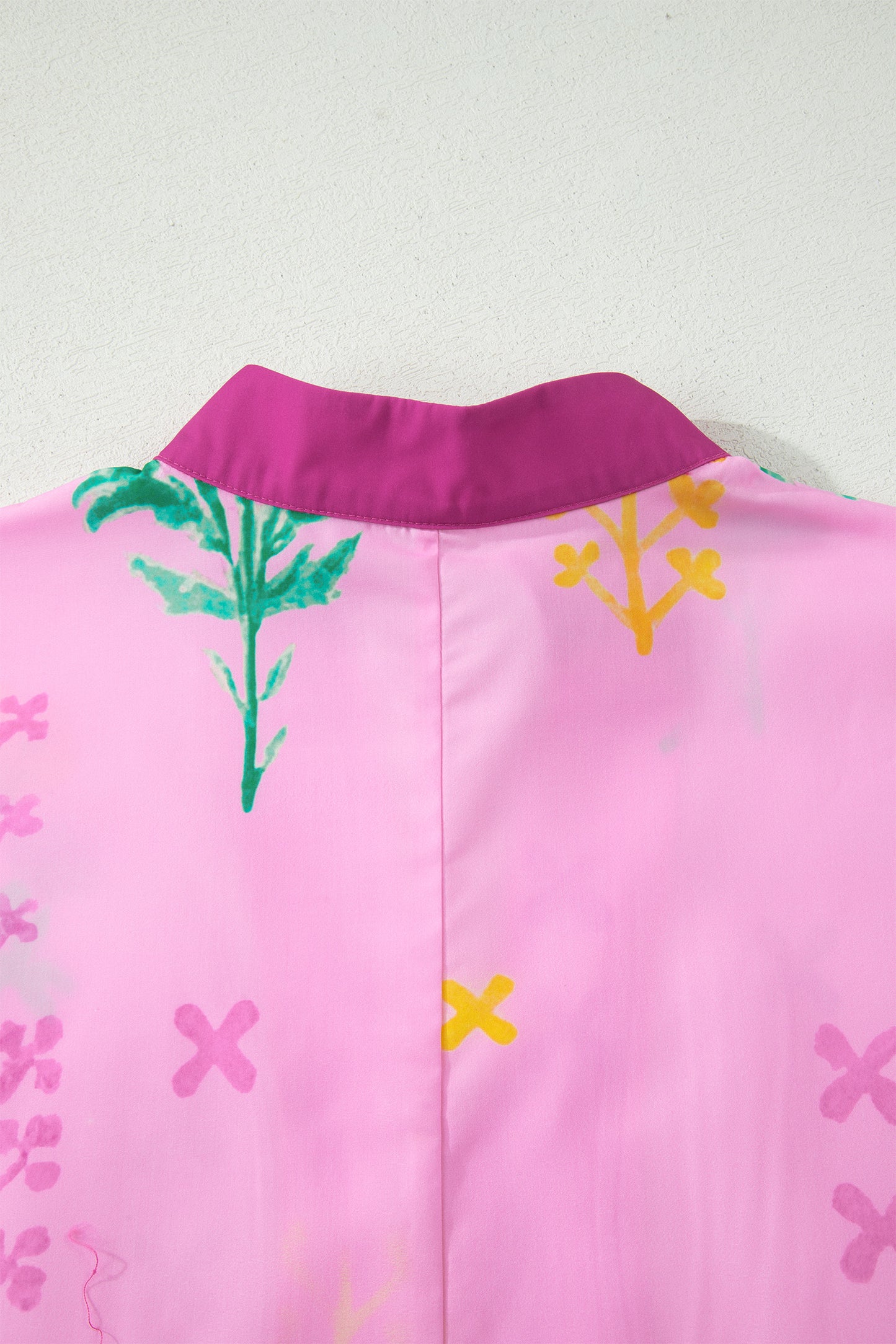 Pink Floral Print Short Sleeve Colorblcok Trim V Neck Midi Dress