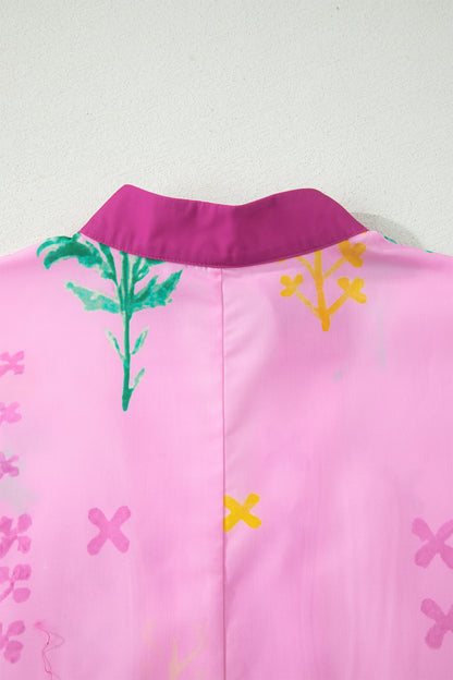 Pink Floral Print Short Sleeve Colorblcok Trim V Neck Midi Dress