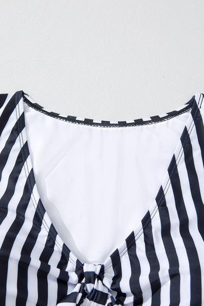 Black Stripe Plus Size Knot Cutout Ruffle Sleeve and High Waist Swimsuit Set