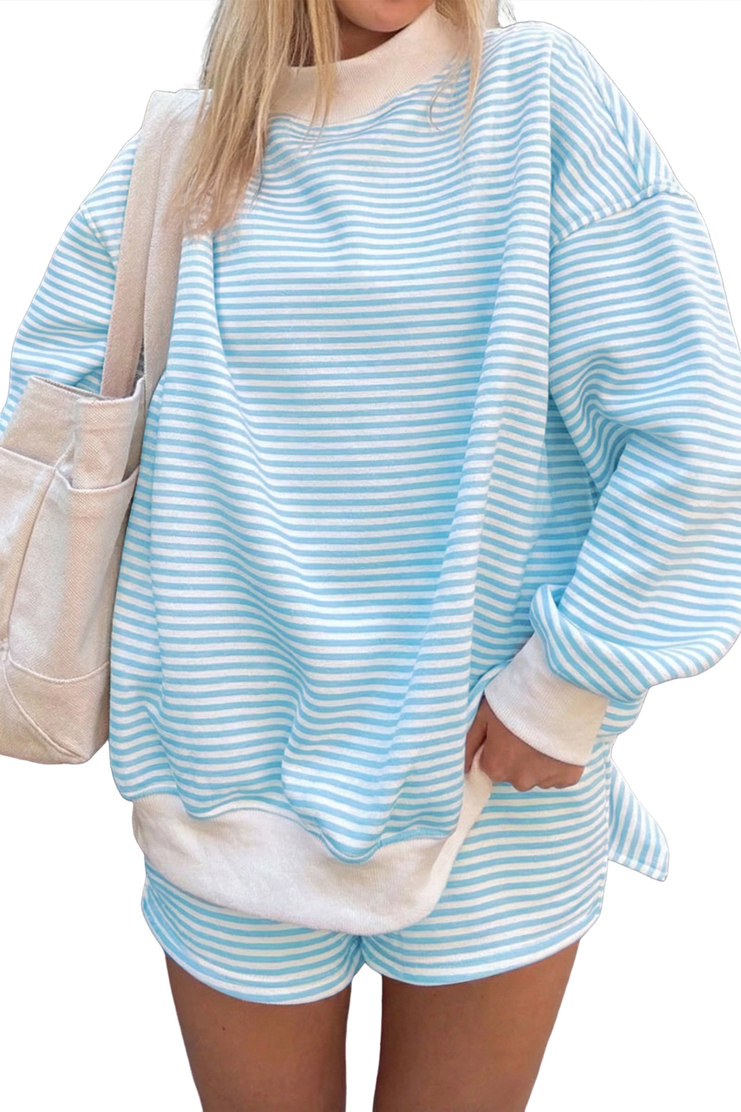 Pink Stripe Oversize Mock Neck Sweatshirt and Shorts Set