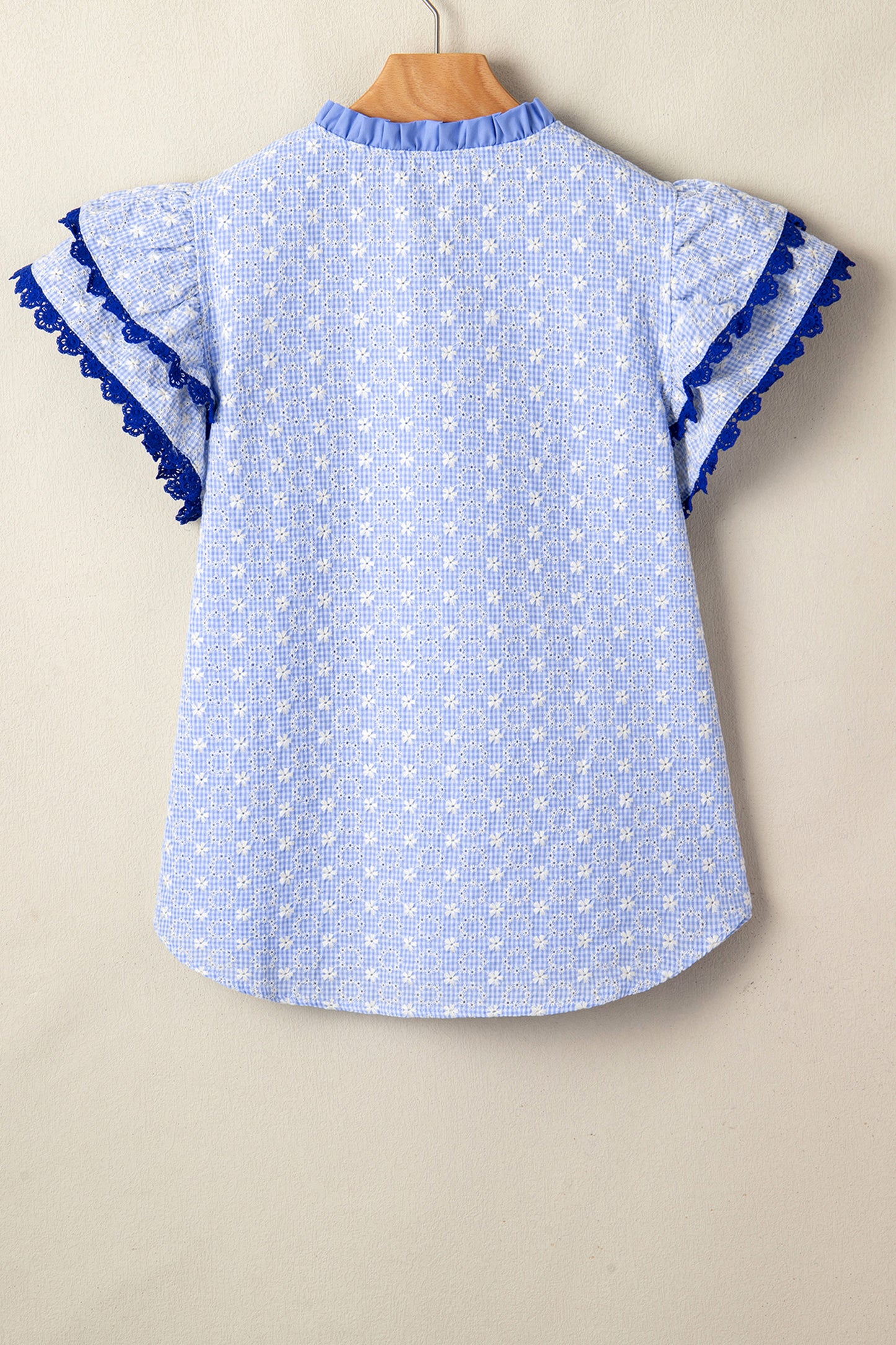 Pink Eyelet Embroidered Flower Texture Contrast Lace Trim Flutter Sleeve Blouse