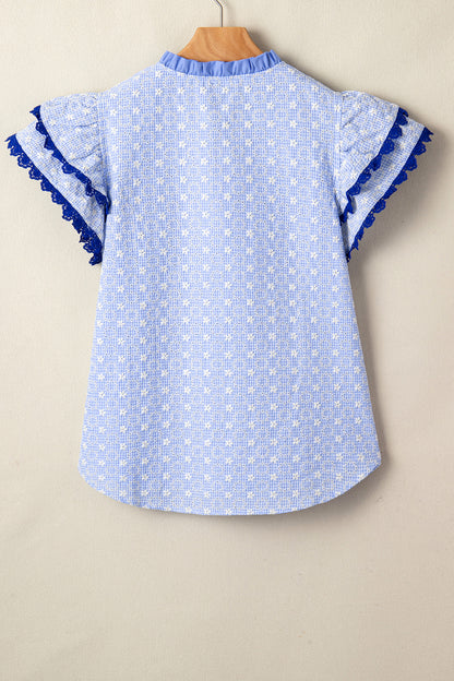 Pink Eyelet Embroidered Flower Texture Contrast Lace Trim Flutter Sleeve Blouse