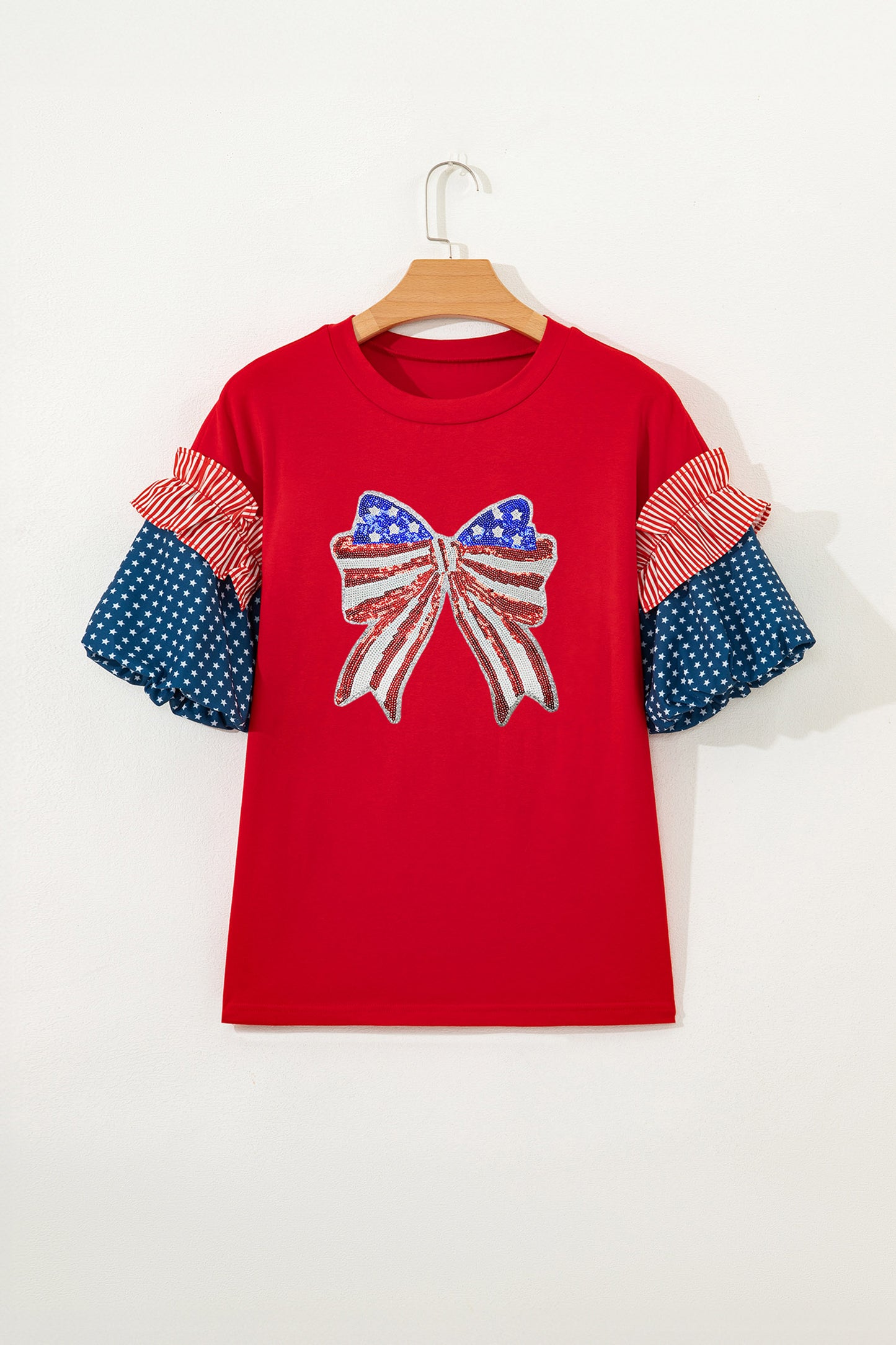 Fiery Red Patriotic Sequin Bow Contrast Puff Sleeve Blouse