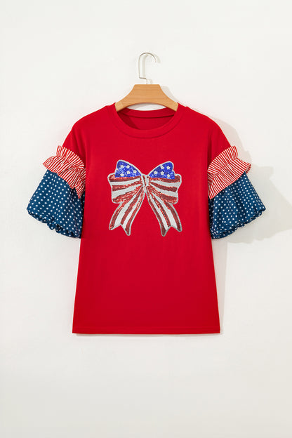 Fiery Red Patriotic Sequin Bow Contrast Puff Sleeve Blouse