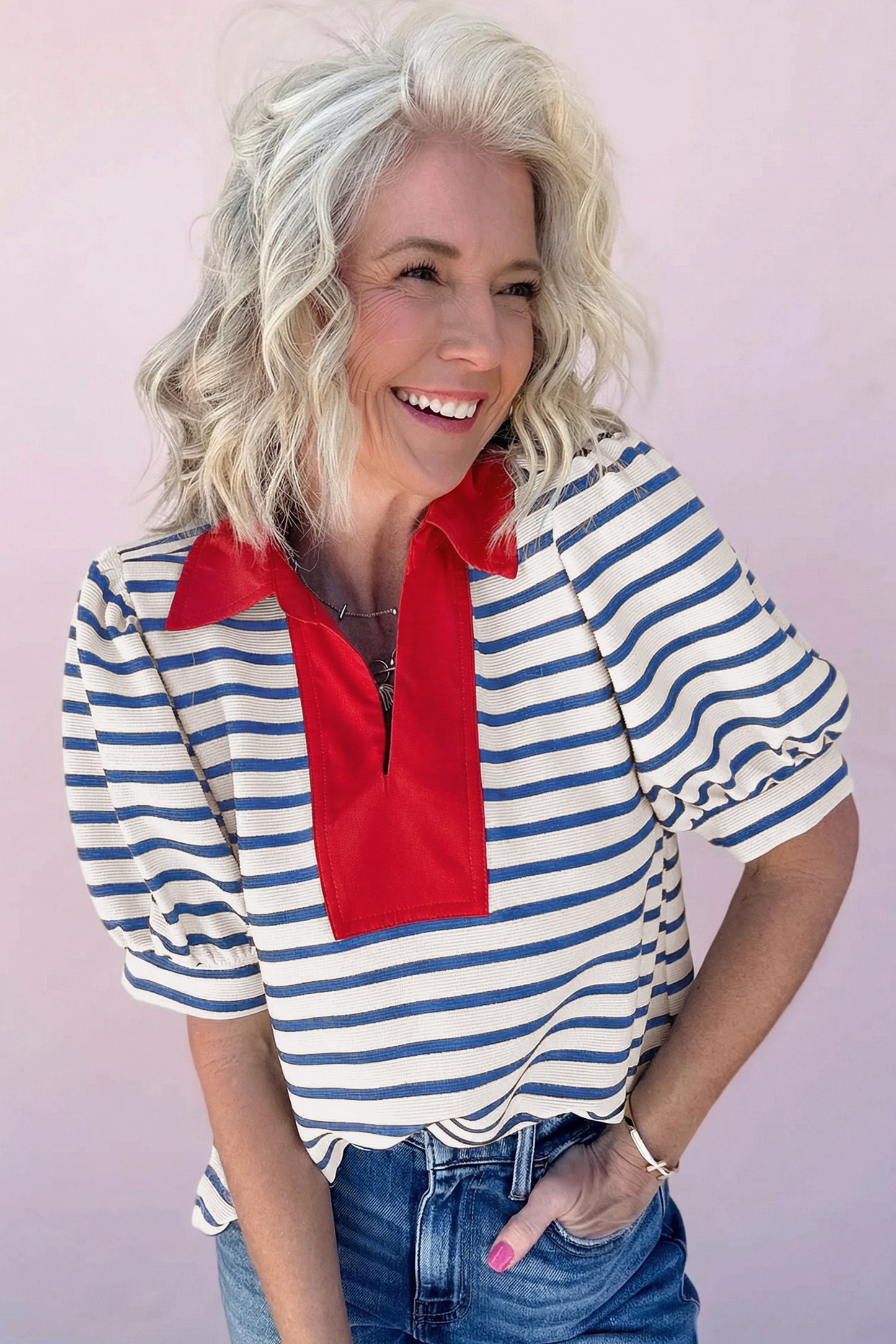Black Stripe Short Puff Sleeve Color Block Polo Collar Blouse