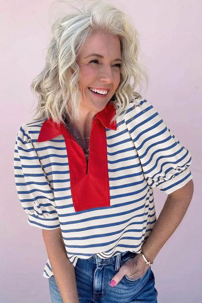 Black Stripe Short Puff Sleeve Color Block Polo Collar Blouse