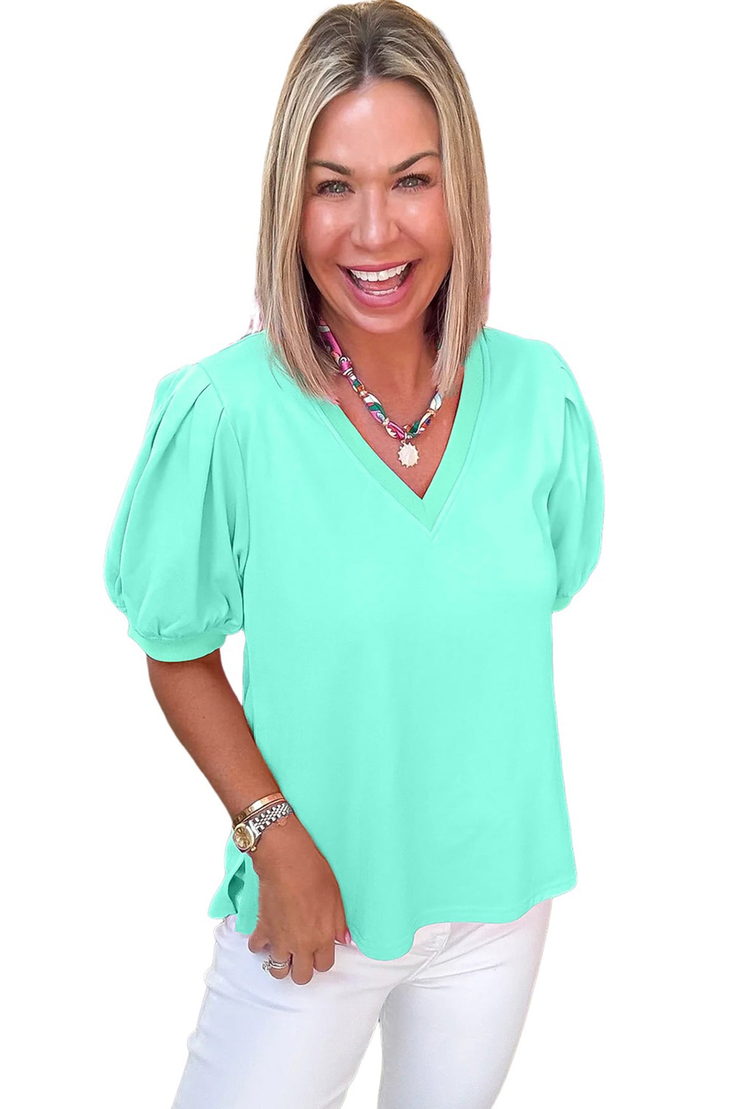 Bonbon Solid Color V Neck Short Puff Sleeve Blouse