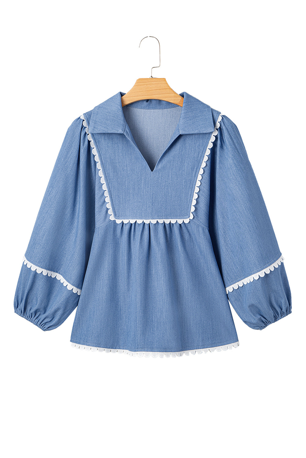 Dusk Blue Scallop Trim Puff Sleeve Collared Babydoll Blouse