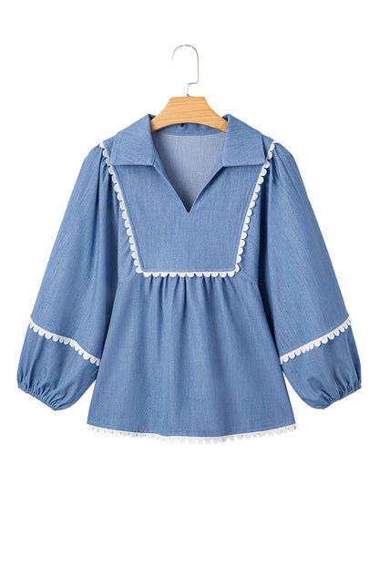 Dusk Blue Scallop Trim Puff Sleeve Collared Babydoll Blouse