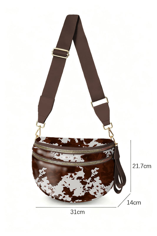 Coffee Cow Spots Printed Double Zip Crossbody Bag